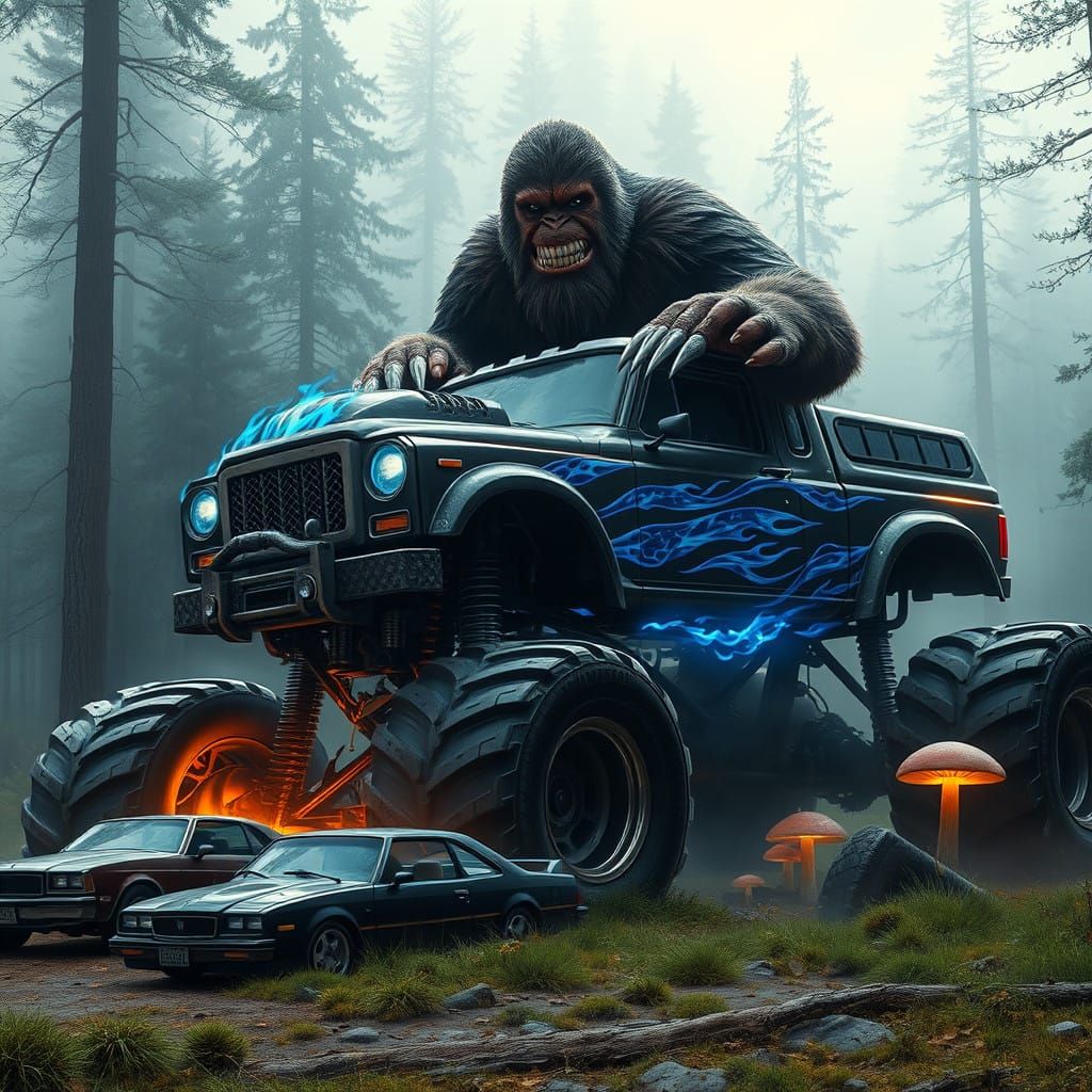 Sasquatch Unleashes Monster Truck Fury in Mystical Forest