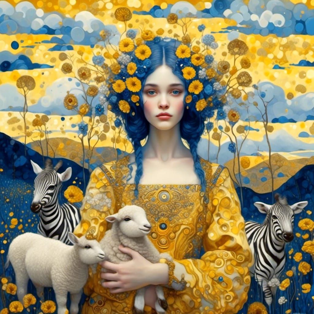 Mary and Lambs in Gustav Klimt Style
