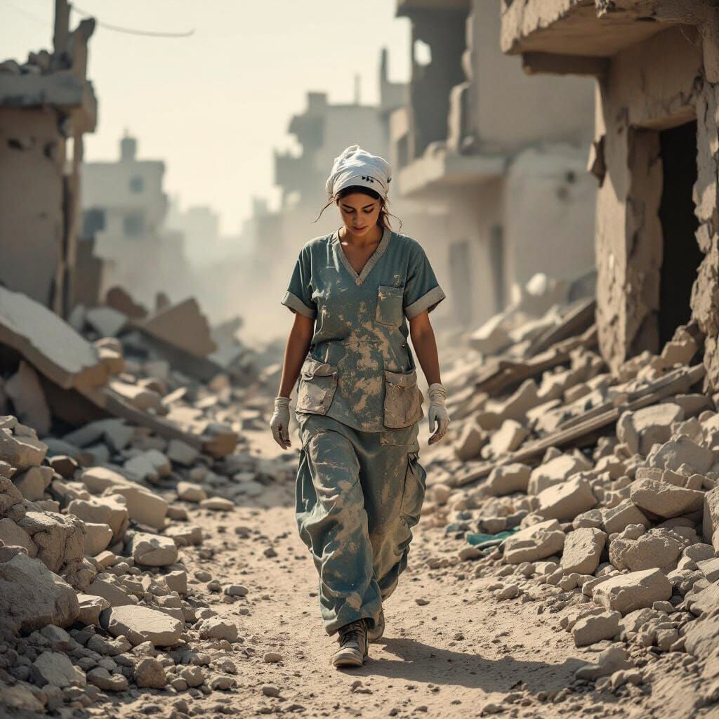 Nurse Amidst Rubble in Gaza: Emotive Realism