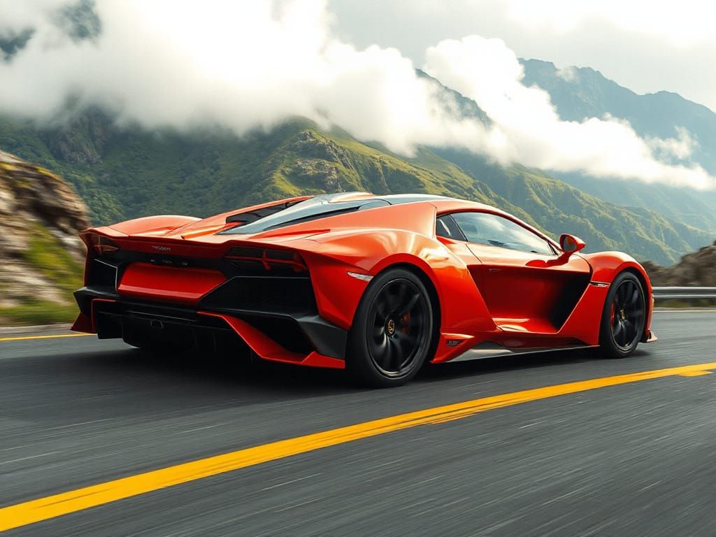 Red Sports Car on Mountain Road, Futuristic Concept Art