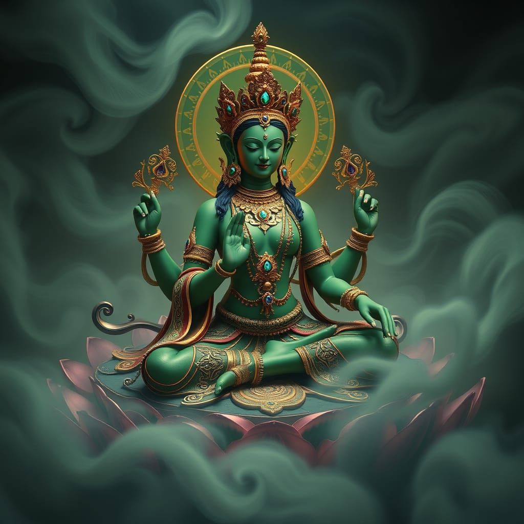 Mystical Green Tara in Lotus Pose, in Dreamlike Fantasy Art