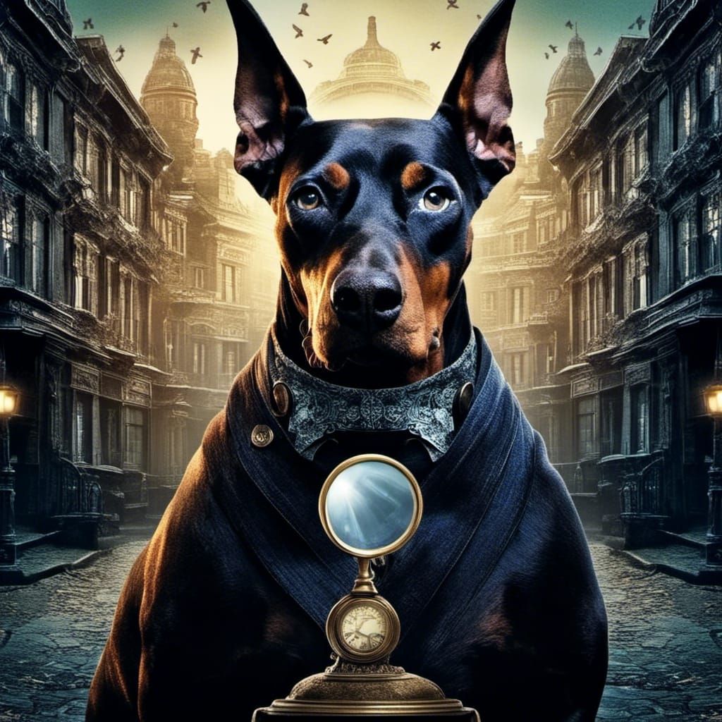 <lora:atos:1.0> A movie poster for a film about a robotic dog detective. The robot dog is holding a Sherlock Holmes-styl...