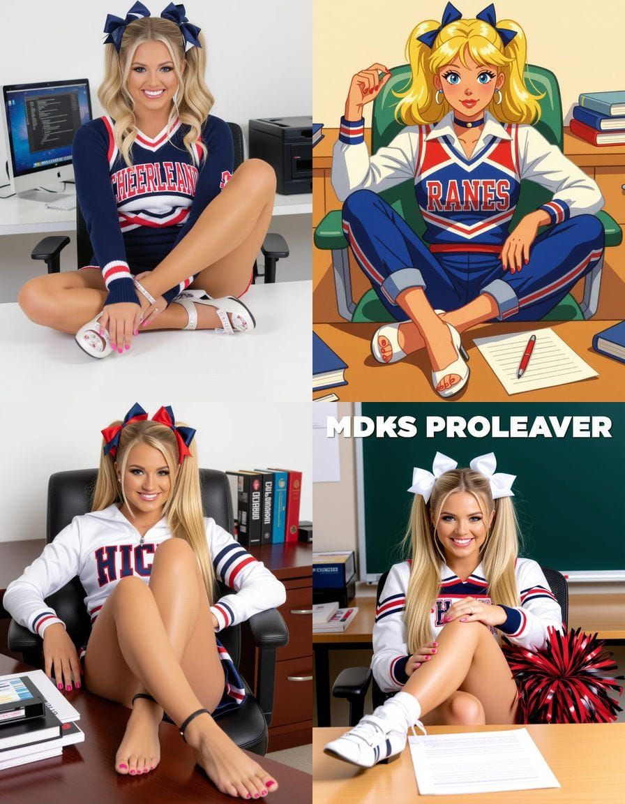 Blonde Cheerleader Poses at Desk with Pink Toenails