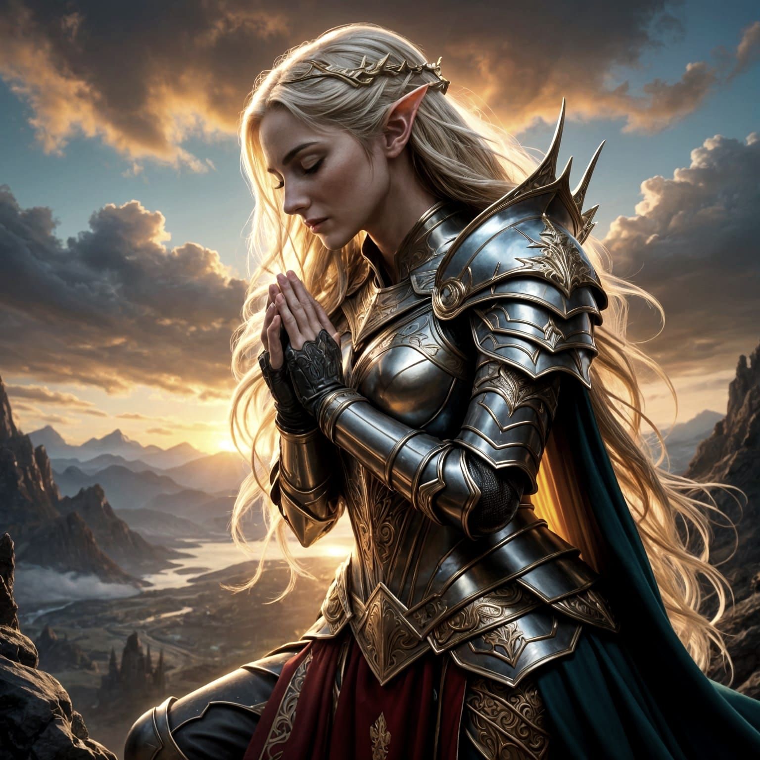 Ethereal Elf Knight in Sunset Prayer