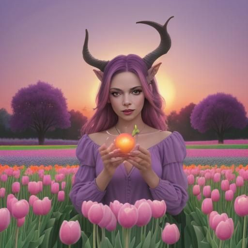 Female Satyr's Sunset Magic in Watercolor Sky