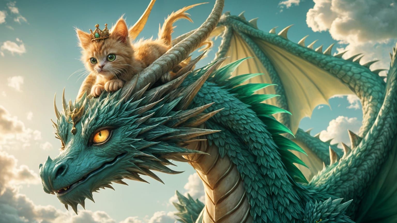 Kitten and Emerald Dragon Soaring at Twilight
