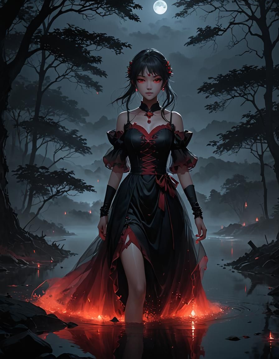 Eerie Anime Woman in Red Dress by Misty Lake