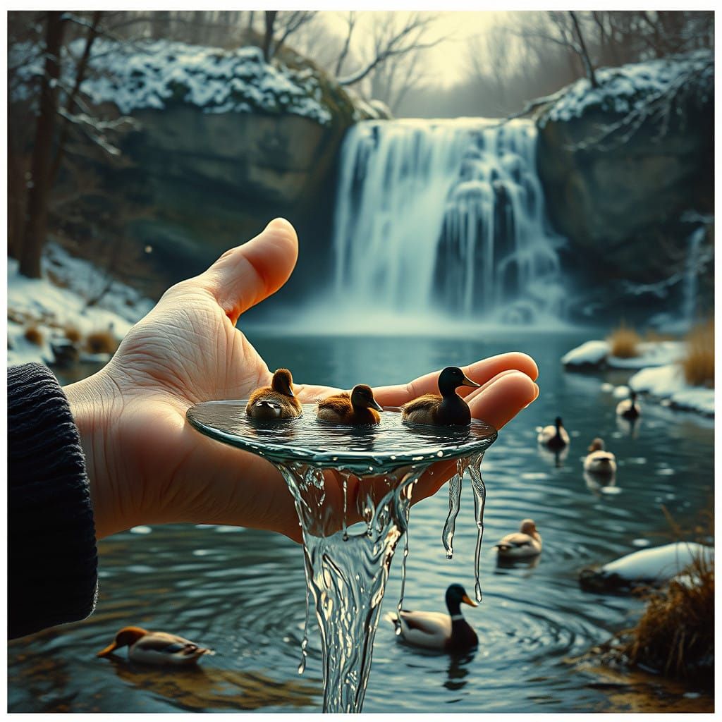 Impressionist Waterfall Scene with Quacking Ducks and Geese