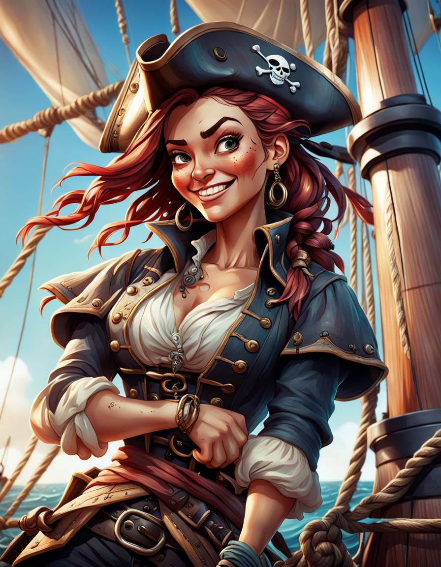 Young Woman Pirate on Rigging in Hyperrealistic Cartoon Styl...