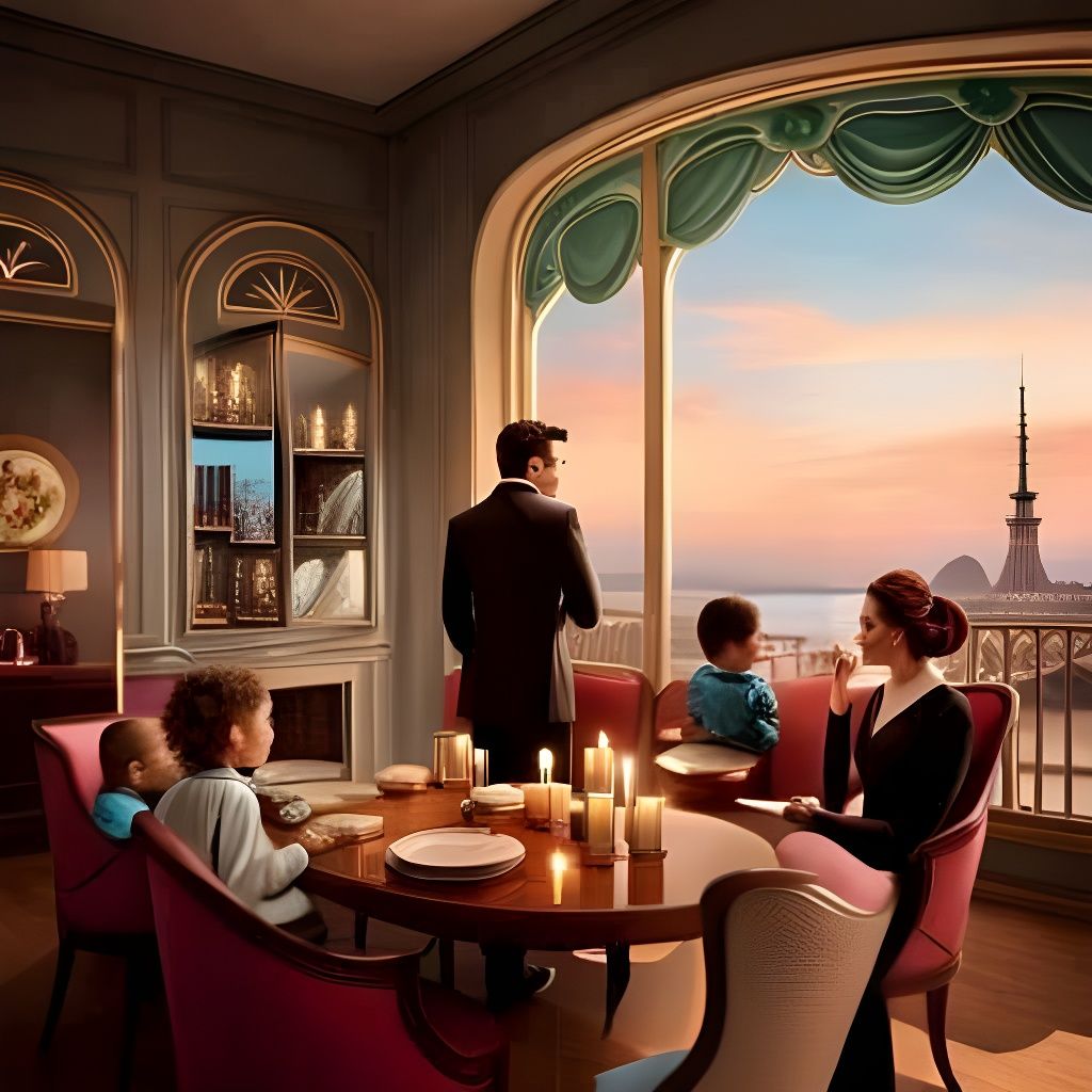 Family at Cafe in Pop Surrealist Style