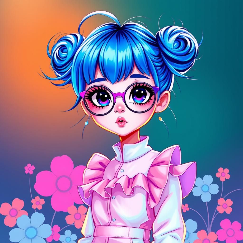 Girl with Blue Hair and Space Buns in Digital Art