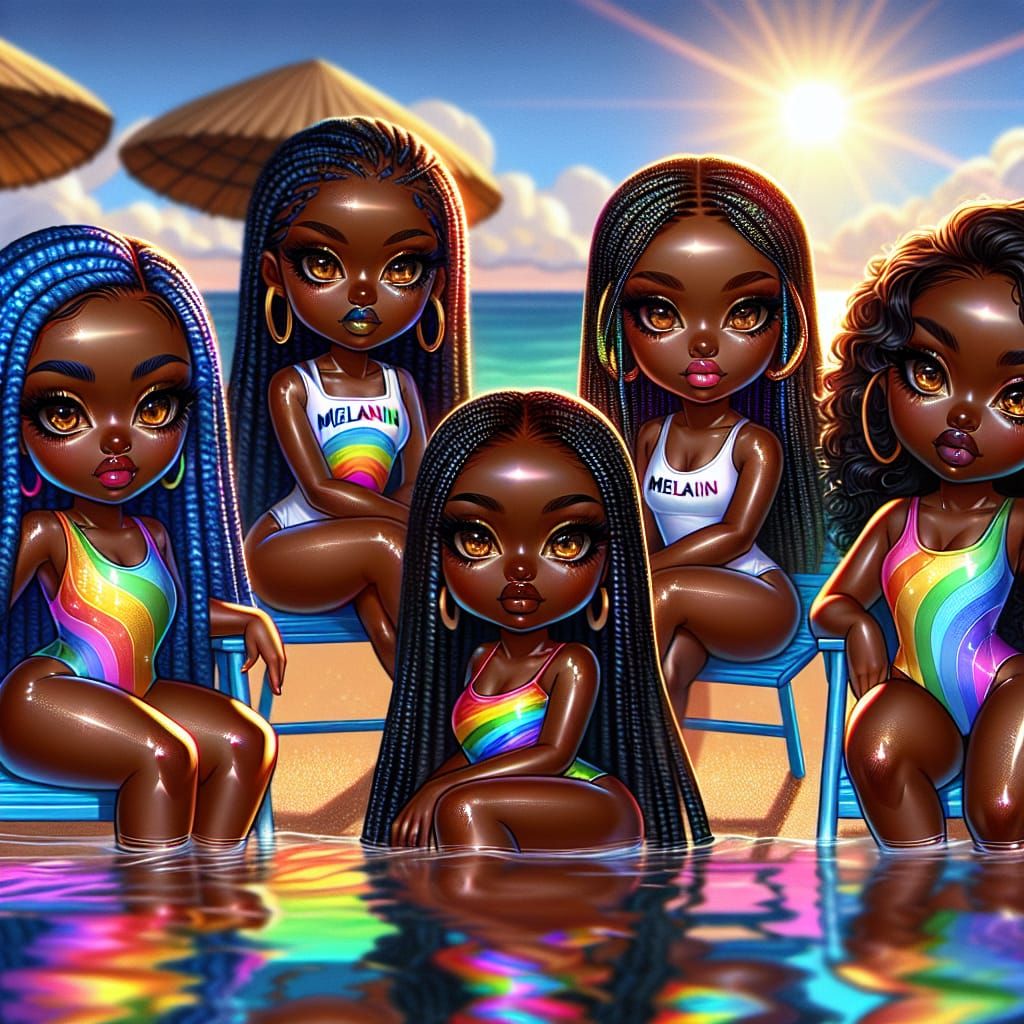 6 Chibi caramel African American curvy woman with black and blue braids, they're wearing rainbow swimsuits, hazelnut eye...