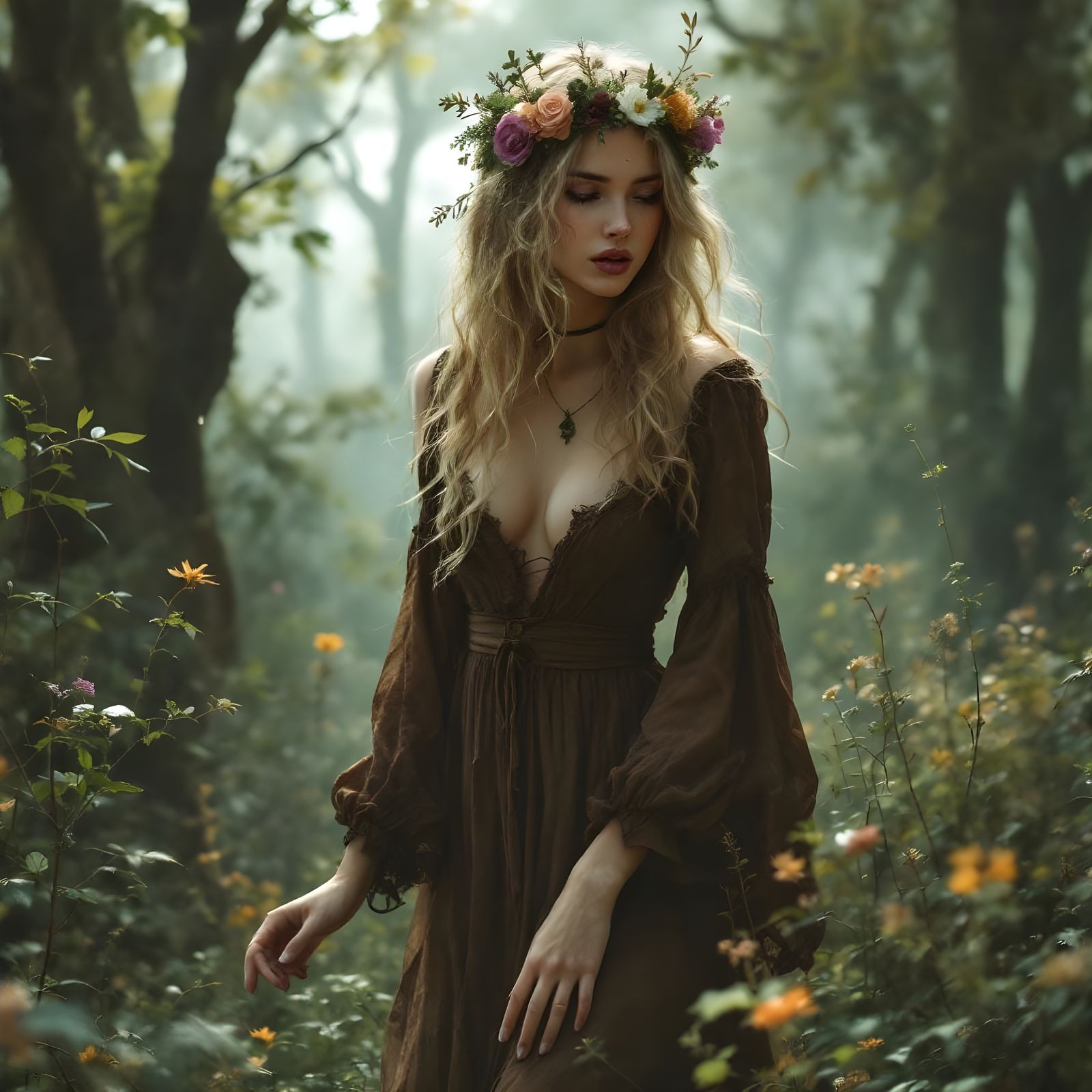Romantic Wench Gathering Herbs in Forest Clearing