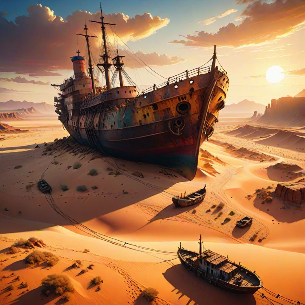 Dramatic Desert Ship Graveyard in Cinematic Oil Painting Sty...