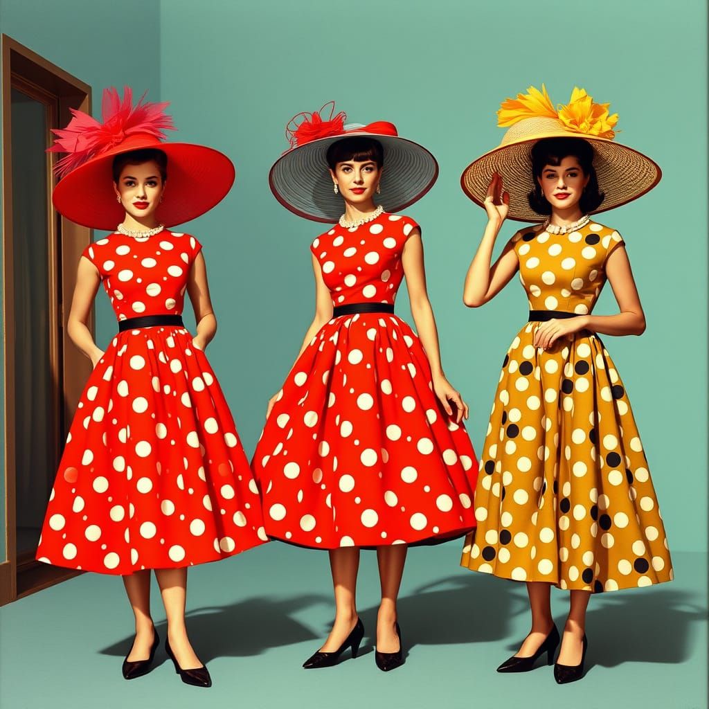 Elegant 1950s Ladies in Polka Dot Dresses with Large Hats