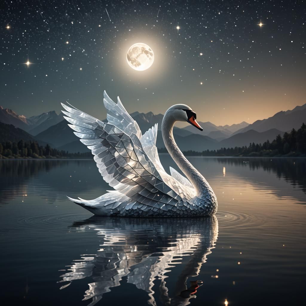 Geometric Crystal Swan Glides on Lake: 3D Art
