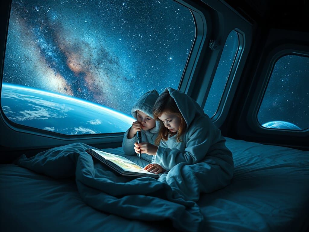 Children Reading by Starlight on Space Station