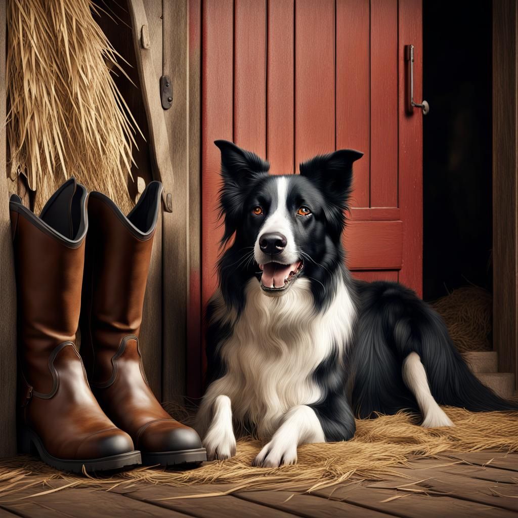 Border Collie Portrait Near Stable Door in Matte Painting St...