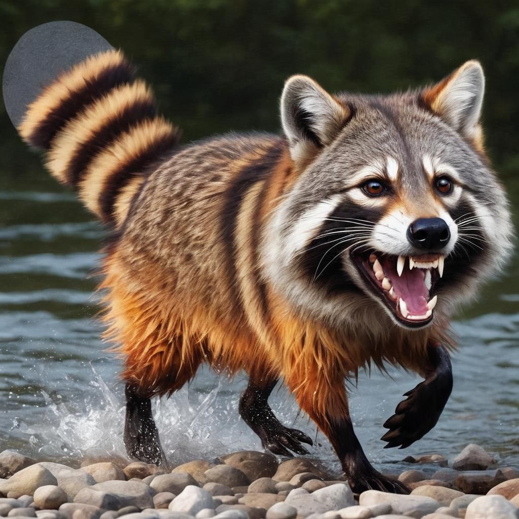 Create an image of Hybrid Animal – Raccoon, Beaver, Wolf; an...