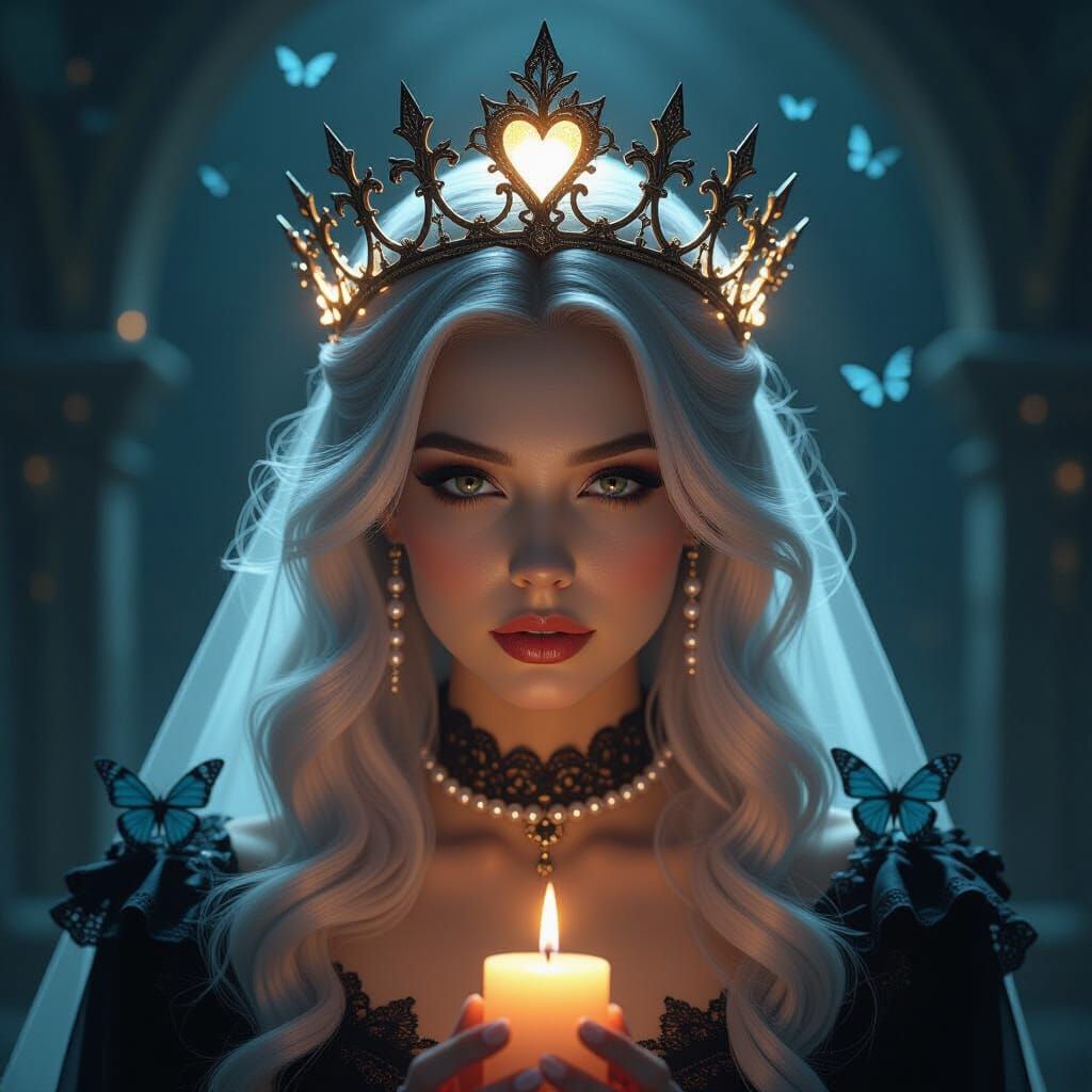 Ghostly Queen in Candlelit Crypt