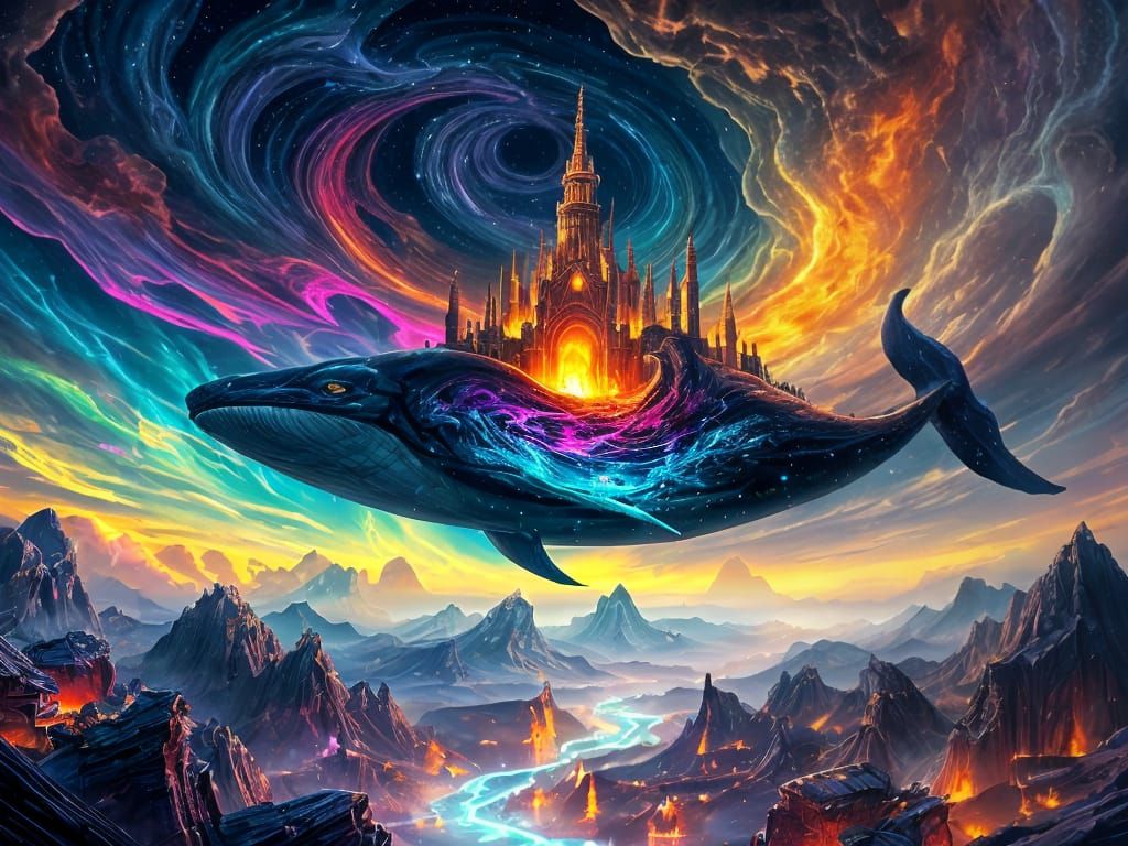 Surreal Cityscape on a Flying Whale in Iridescent Shadows