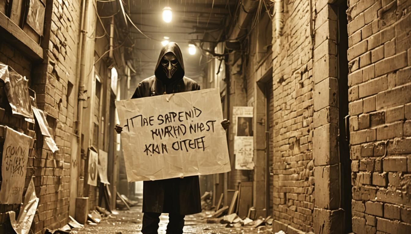 Dystopian Surrealism: Masked Figure in Dimly Lit Alleyway