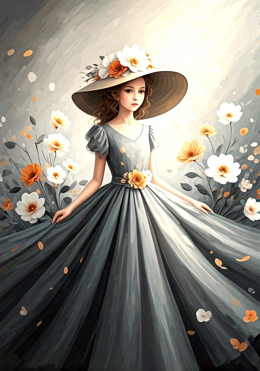Whimsical Young Girl in a Flowing Gray Dress