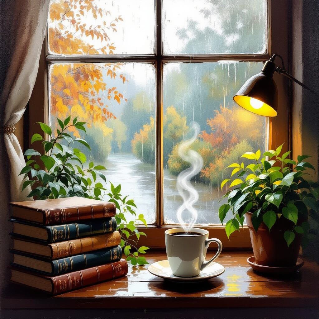 Cozy Autumn Afternoon by Rainy Window: Books, Coffee, Plants