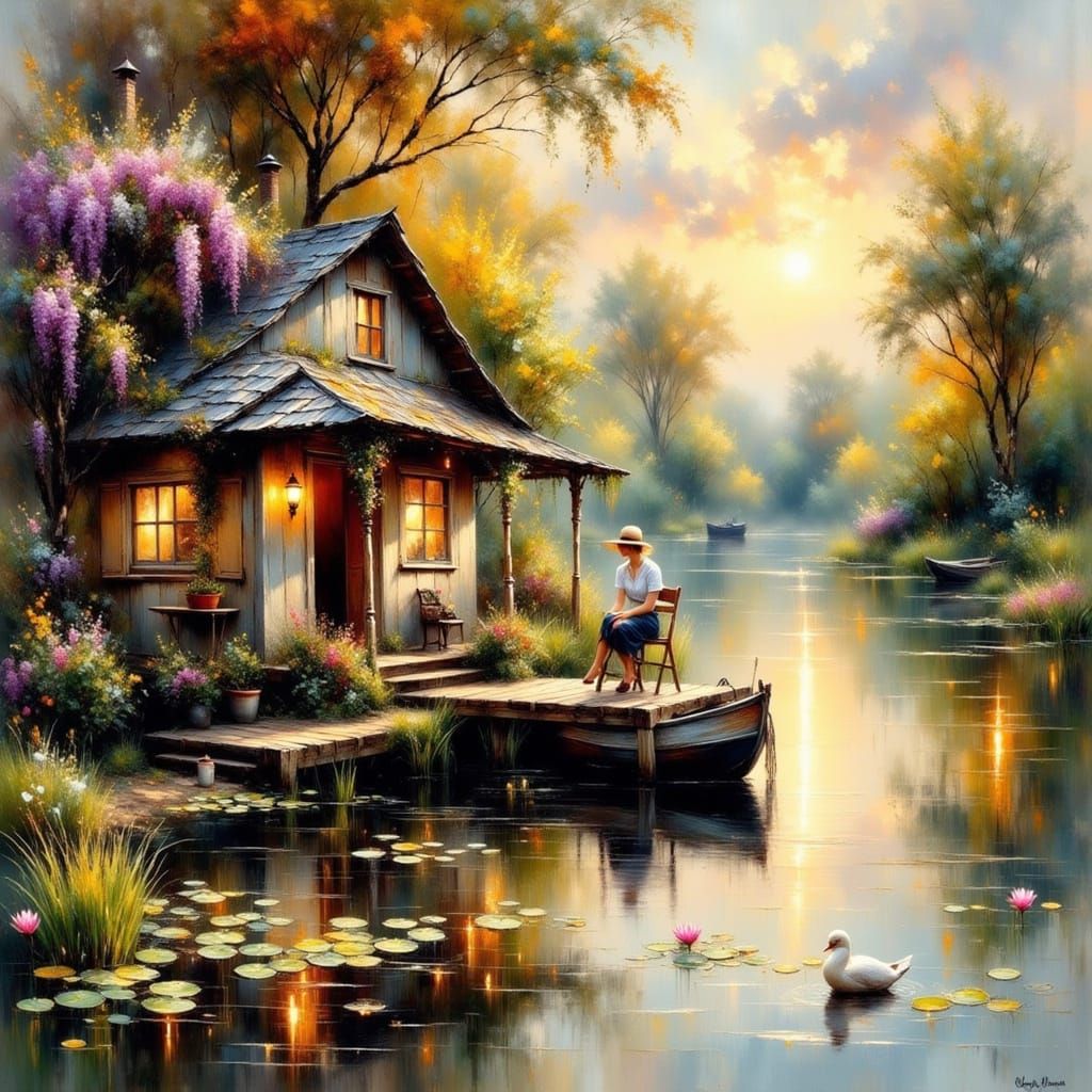 Impressionistic Houseboat Scene at Golden Hour