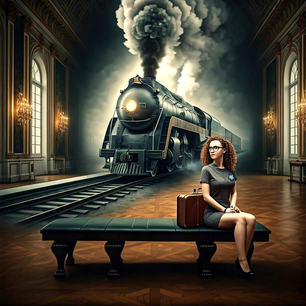 Surreal Woman Watches Vintage Train Arrive in Gallery