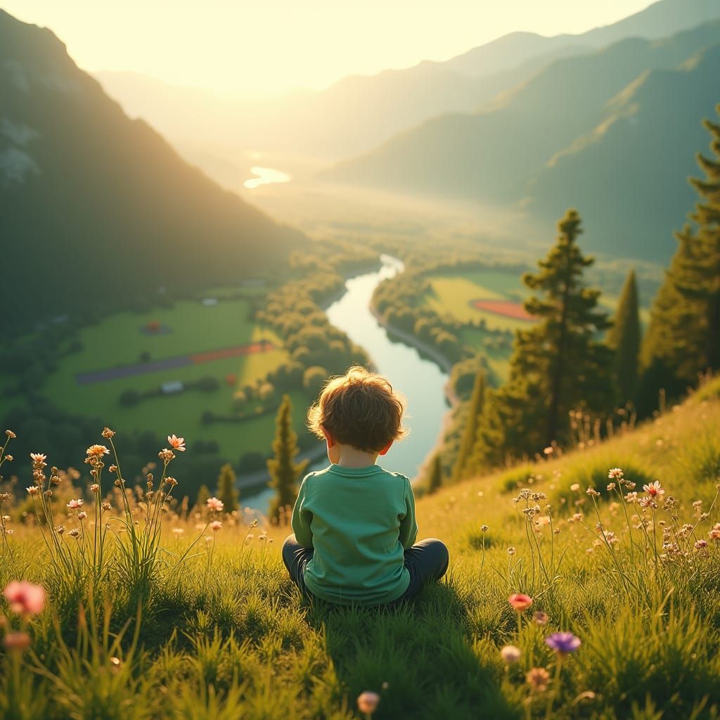 Contemplative Boy on Hill in Golden Sunlight