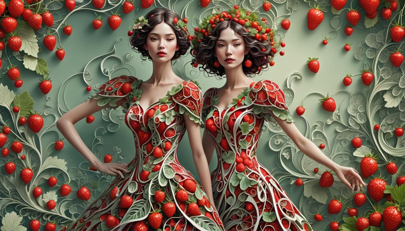 Woman in Strawberry Dress: Detailed 3D Render