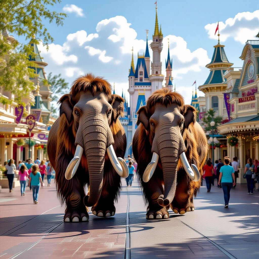 Woolly Mammoths Strolling Through Disneyland: Photorealistic...