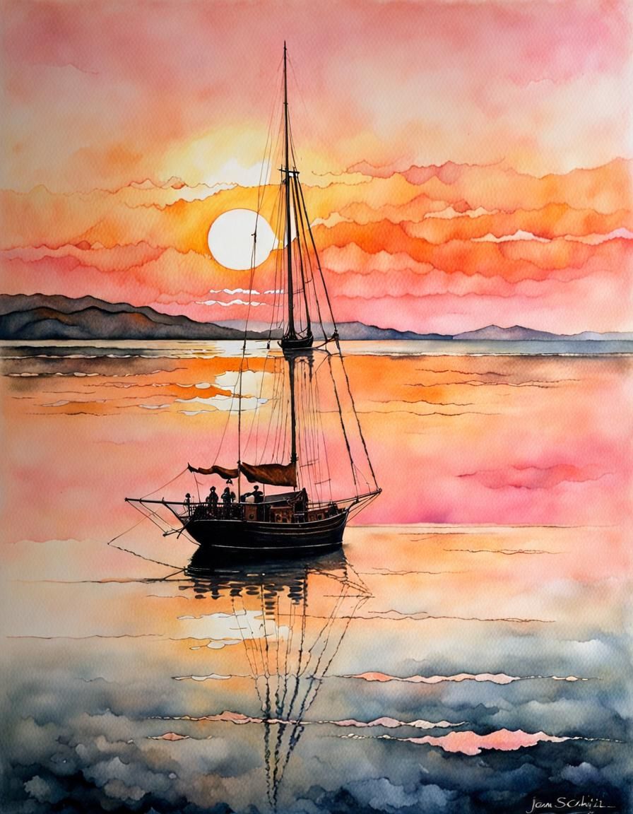 Sunrise Ocean Sails in Watercolor Style