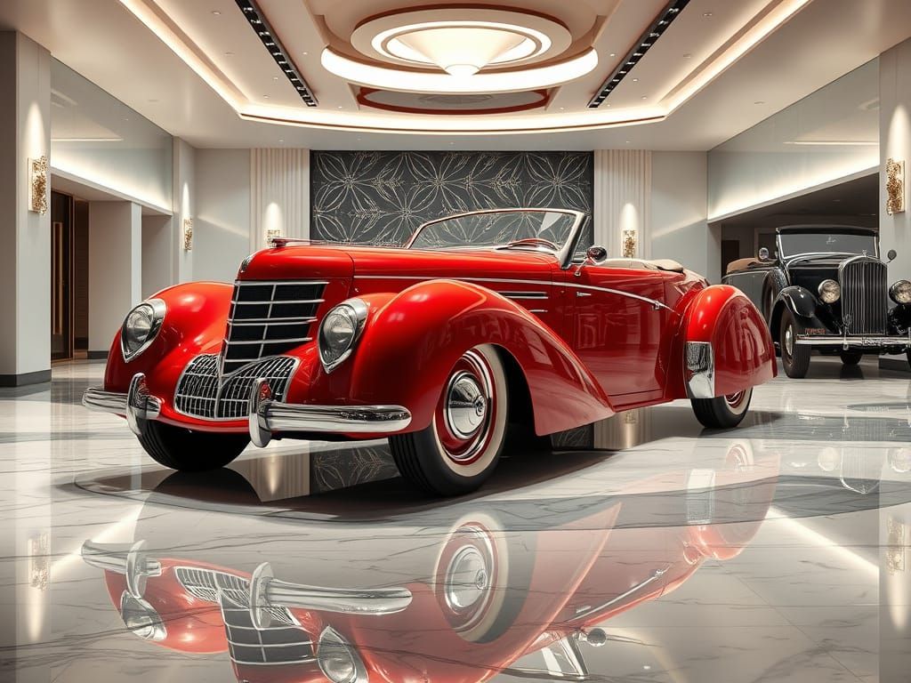 Vintage Red Car in Opulent Art Deco Showroom