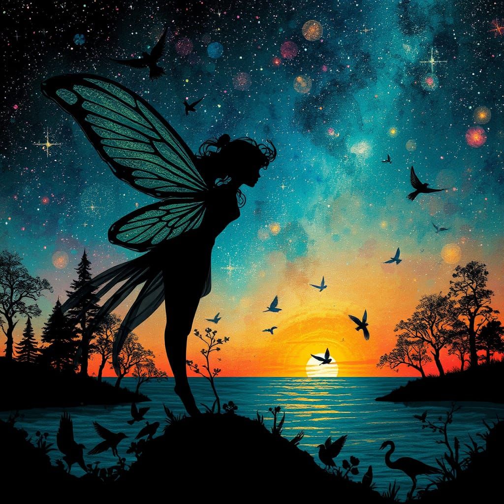 Silhouetted Fairy with Galaxy Backdrop in Grunge Style