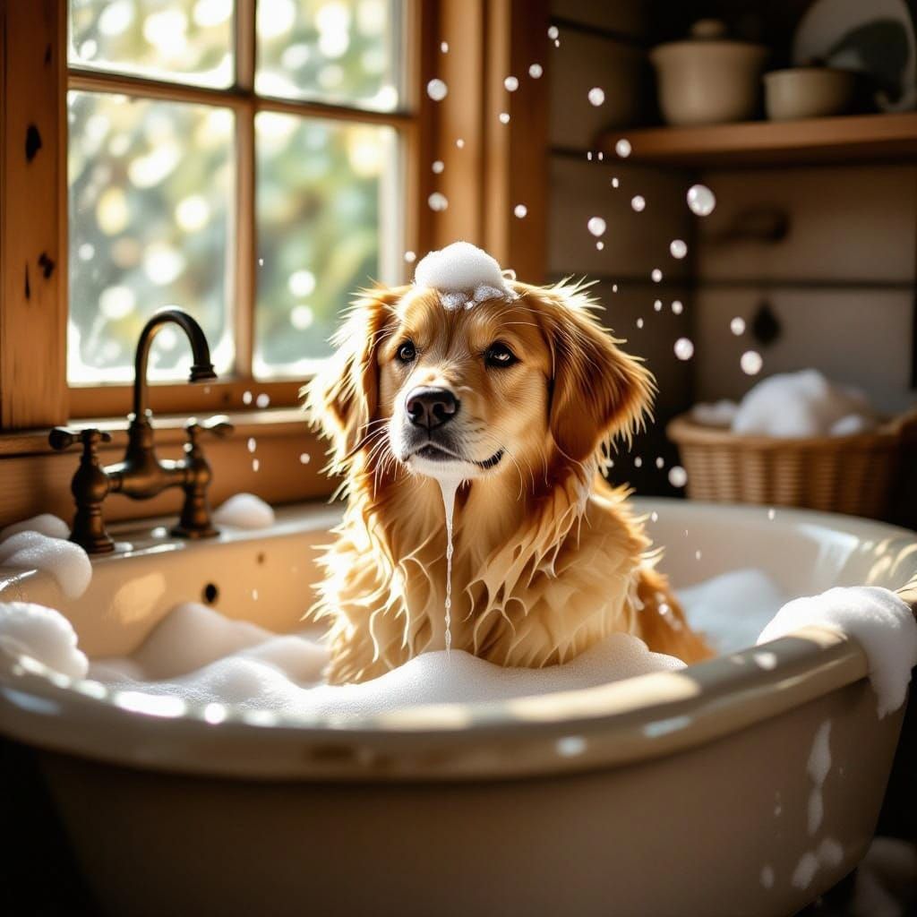 Fluffy Golden Retriever Bath in Rustic Sink, Storybook Style