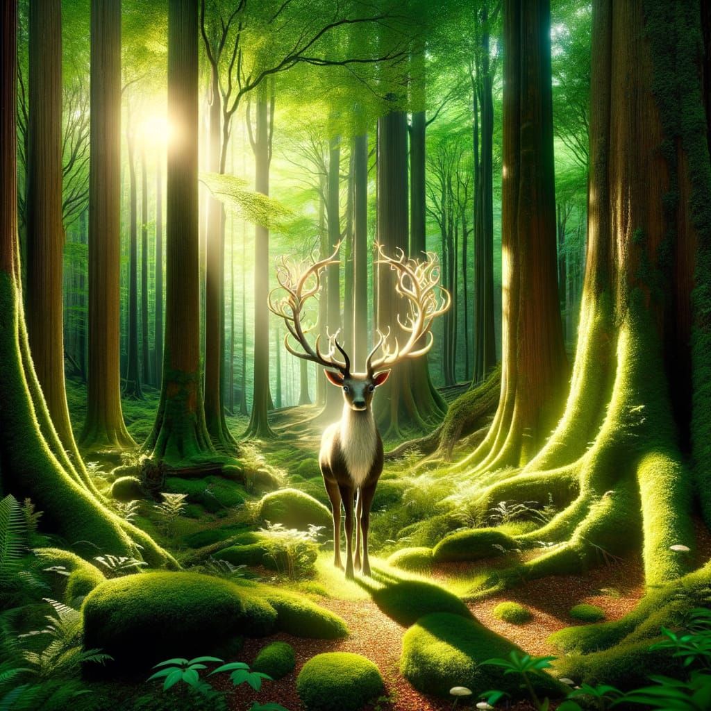 Majestic 3D Reindeer in a Vibrant Forest Glade