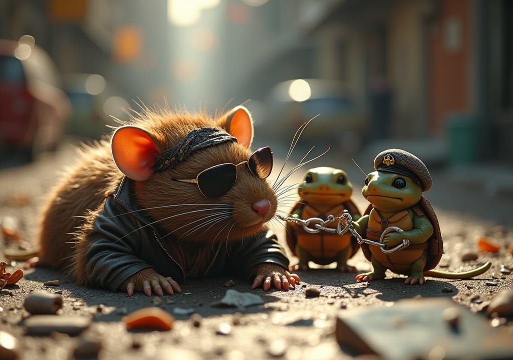 Cartoon Rockstar Rat Arrested in Hyper-Realistic Street Scen...