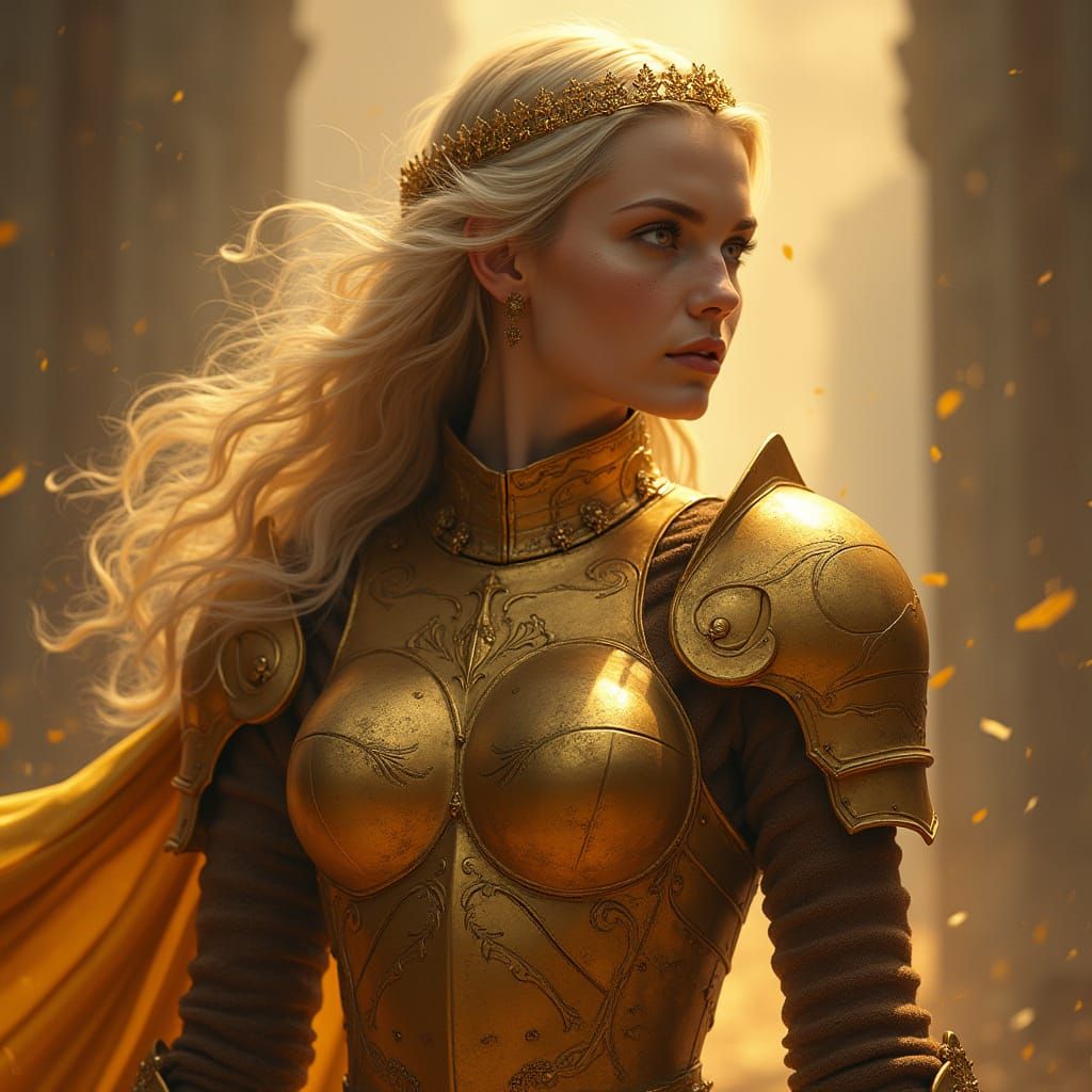 Golden Female Knight Standing Guard