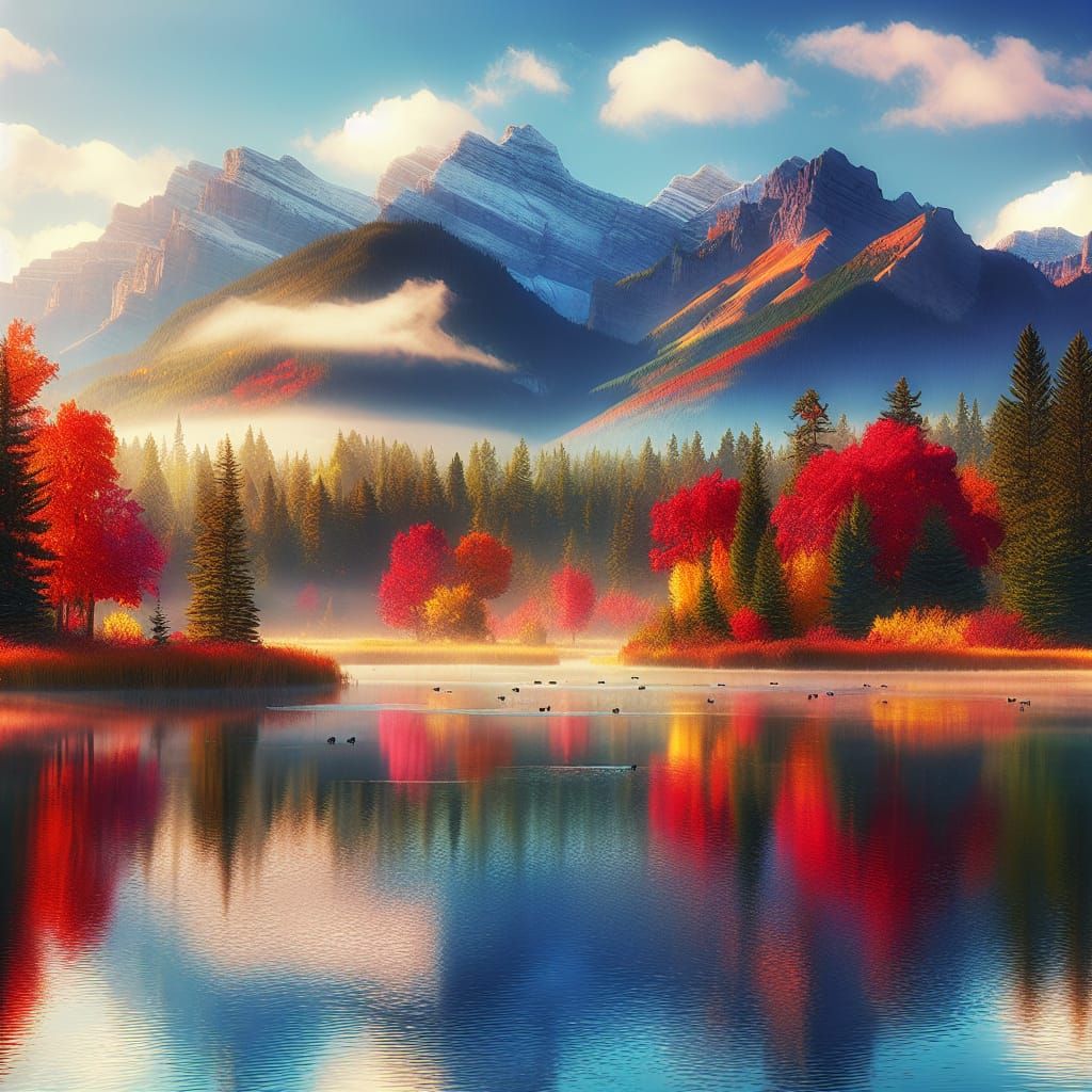 Autumn Lake Reflects Mountains and Vibrant Trees