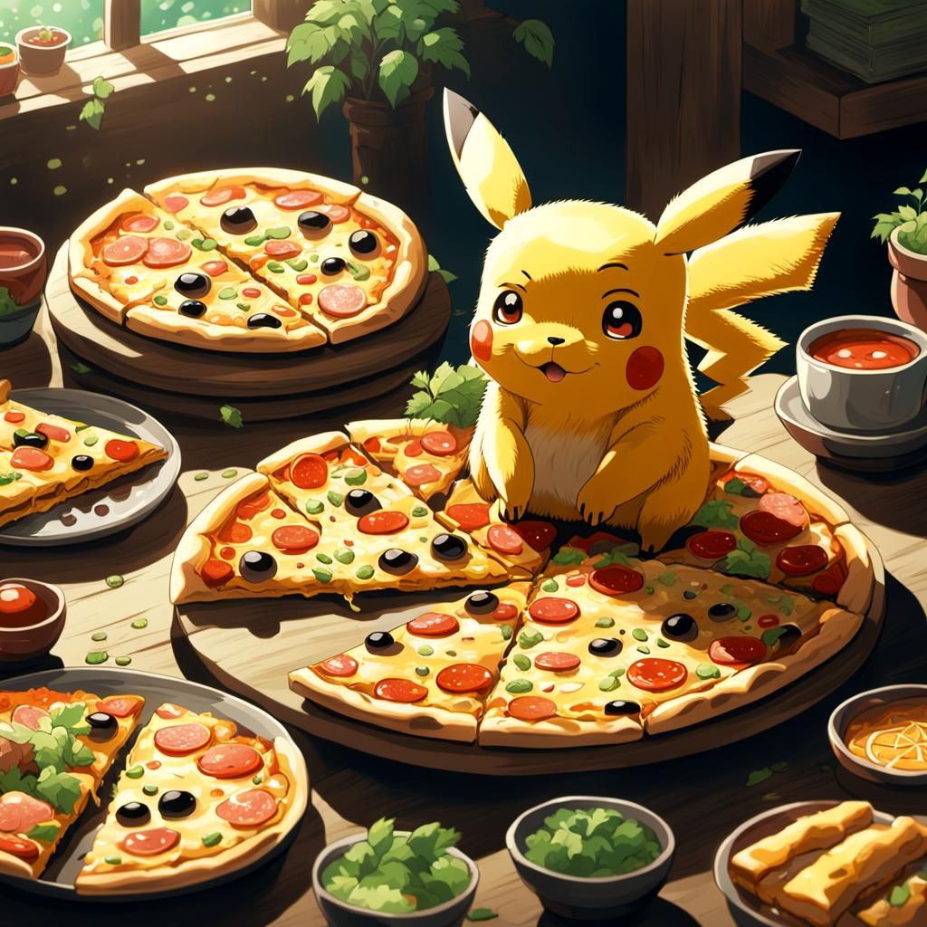 Pikachu Eating Pizza: Studio Ghibli Anime