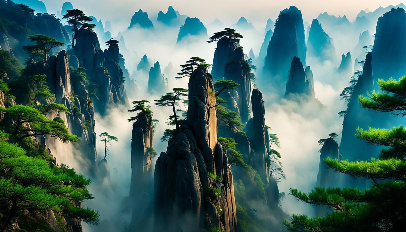 Epic Huangshan Waterfall on Ancient Altar in Dreamlike Realm