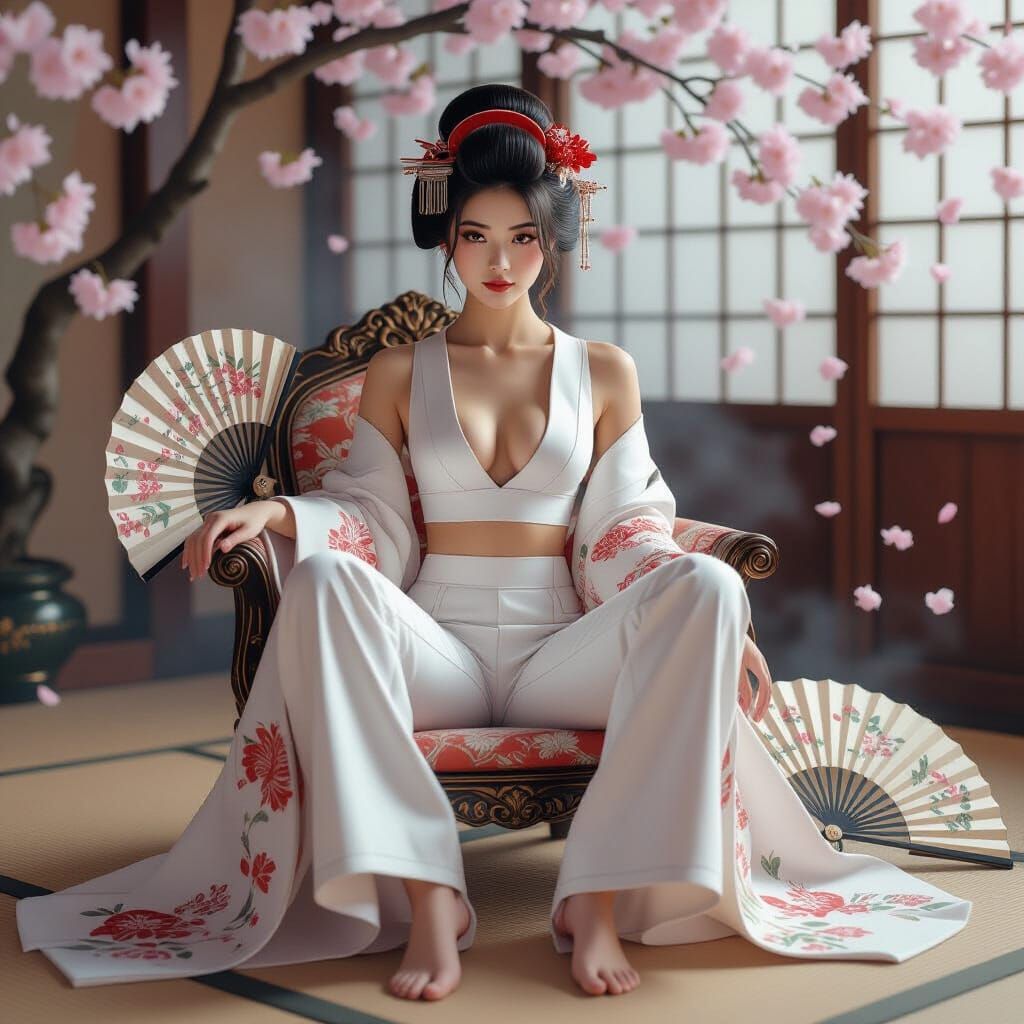 Geisha in Modern Attire Amidst Cherry Blossoms