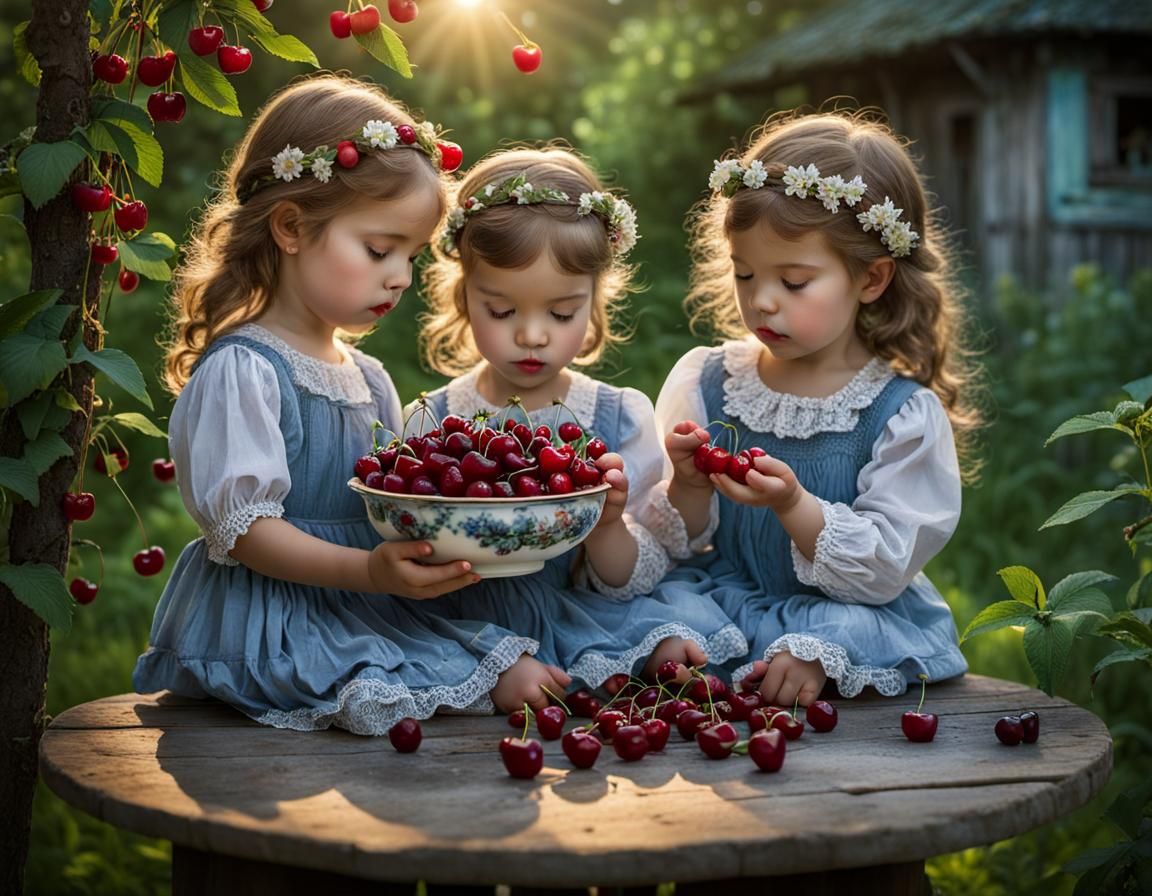Children Share Cherries in Garden, Fine Art Photography