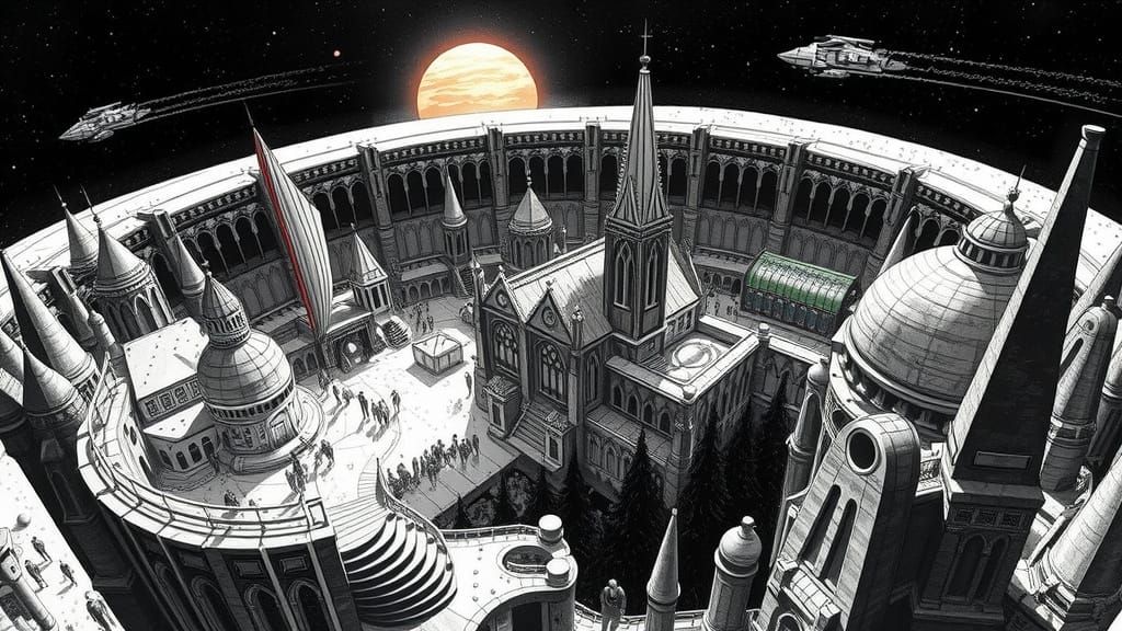 Ethereal Lunar Village in Dramatic Black and White