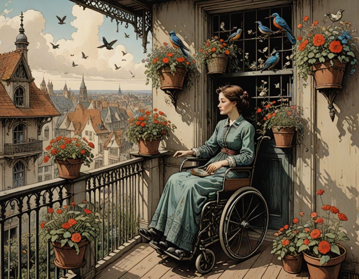 Girl in Wheelchair Listens to Birdsong on Flower-Filled Balc...
