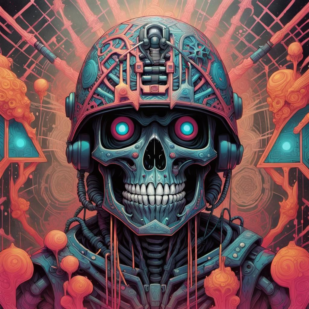 Cybernetic Skeleton Soldier in Psychedelic Art Style