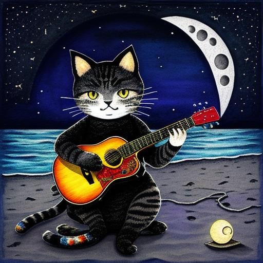 Cat Serenade: Moonlit Beach Guitar in Surreal Ink