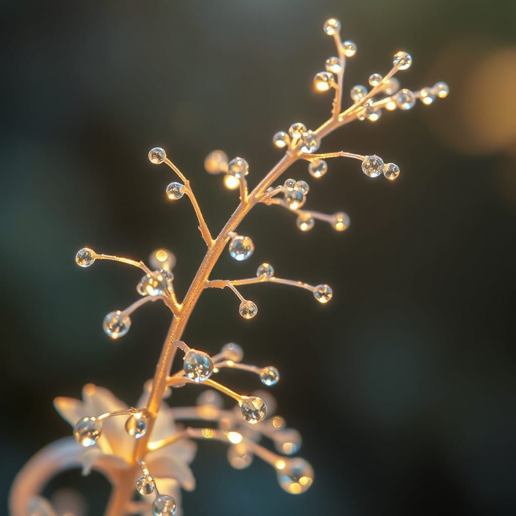 Translucent Plant with Crystalline Raindrops in Dreamlike St...